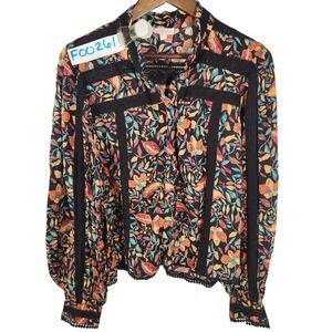 Jennifer Grace Black Floral Boho Blouse Long Balloon Sleeve Lace Trim Size Large